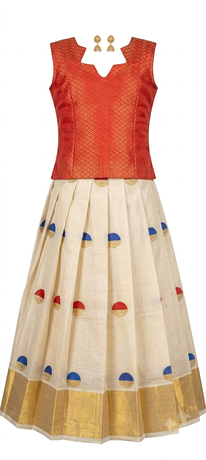 Kids Traditional Pattu Pavadai Lehenga Set for Girls | Silk Ethnic Wear Pavadai Blouse with Zari Weave & Kasavu Design | Festive & Wedding Party Wear
