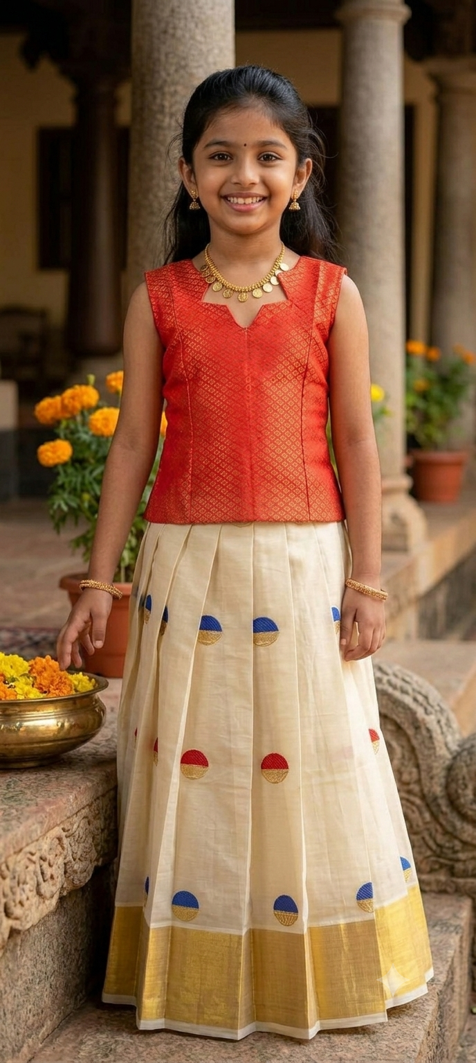 Kids Traditional Pattu Pavadai Lehenga Set for Girls | Silk Ethnic Wear Pavadai Blouse with Zari Weave & Kasavu Design | Festive & Wedding Party Wear