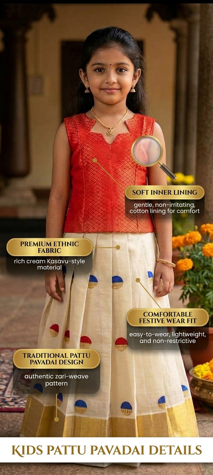 Kids Traditional Pattu Pavadai Lehenga Set for Girls | Silk Ethnic Wear Pavadai Blouse with Zari Weave & Kasavu Design | Festive & Wedding Party Wear