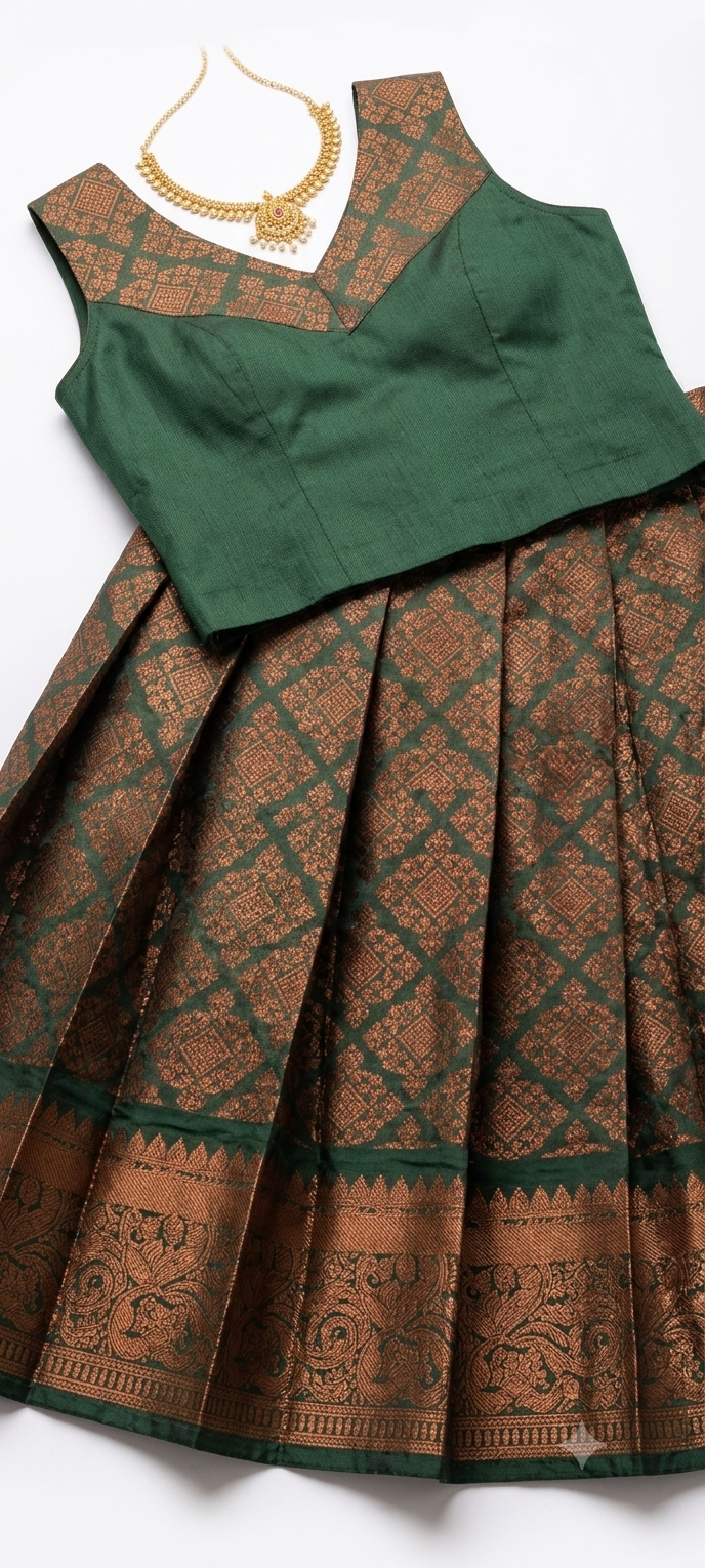 South Indian Traditional Green & Copper Brocade Lehenga Set.Women's South Indian Traditional Silk Blend Brocade Lehenga Choli Set – Green & Metallic Copper Zari Pleated Skirt with Sleeveless V-Neck Blouse for Festivals, Weddings & Ethnic Wear