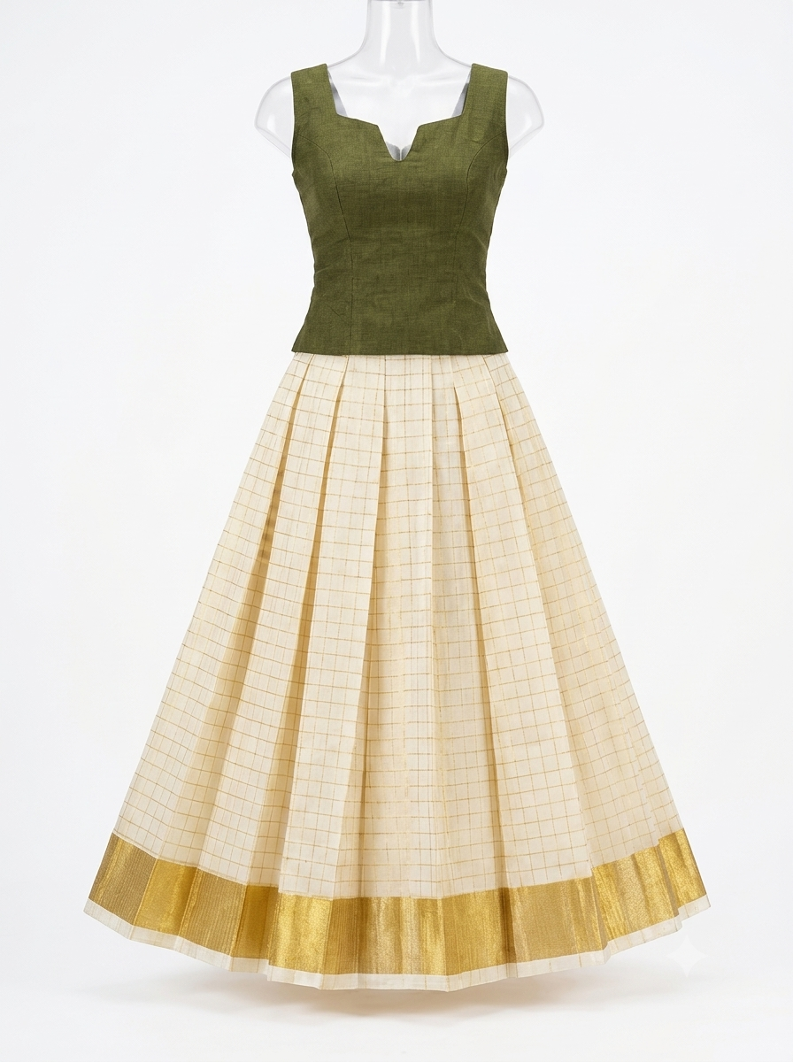 Women’s Olive Green Top with Off-White Gold Kasavu Lehenga Skirt | Traditional South Indian Ethnic Festive Wear Set | Readymade Cotton Silk Pattu Pavadai for Women & Teen Girls