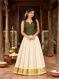 Women’s Olive Green Top with Off-White Gold Kasavu Lehenga Skirt | Traditional South Indian Ethnic Festive Wear Set | Readymade Cotton Silk Pattu Pavadai for Women & Teen Girls