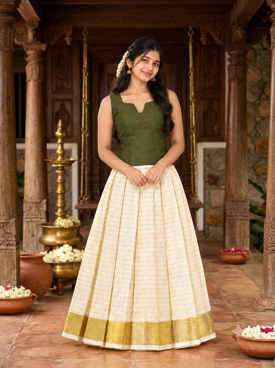Women’s Olive Green Top with Off-White Gold Kasavu Lehenga Skirt | Traditional South Indian Ethnic Festive Wear Set | Readymade Cotton Silk Pattu Pavadai for Women & Teen Girls