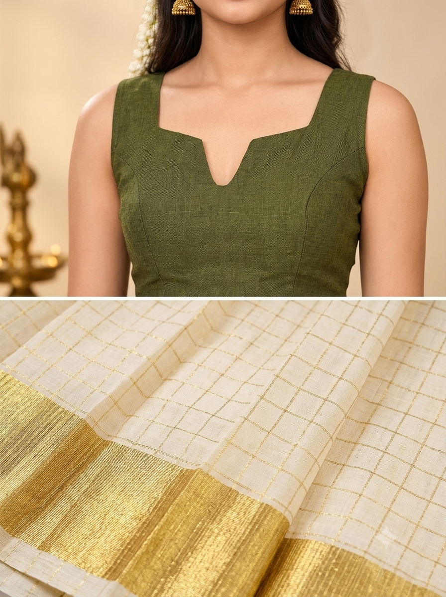 Women’s Olive Green Top with Off-White Gold Kasavu Lehenga Skirt | Traditional South Indian Ethnic Festive Wear Set | Readymade Cotton Silk Pattu Pavadai for Women & Teen Girls