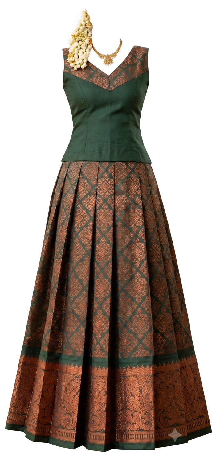 South Indian Traditional Green & Copper Brocade Lehenga Set.Women's South Indian Traditional Silk Blend Brocade Lehenga Choli Set – Green & Metallic Copper Zari Pleated Skirt with Sleeveless V-Neck Blouse for Festivals, Weddings & Ethnic Wear