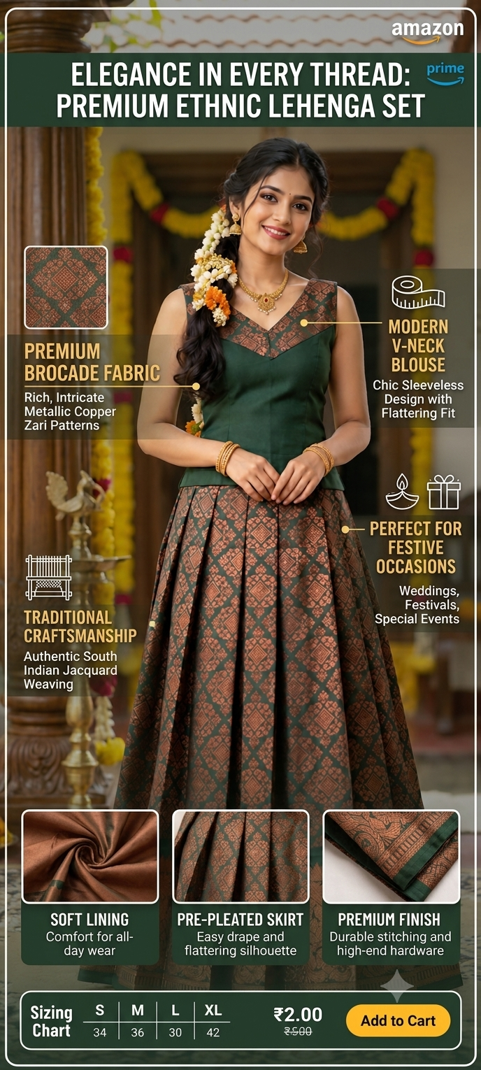 South Indian Traditional Green & Copper Brocade Lehenga Set.Women's South Indian Traditional Silk Blend Brocade Lehenga Choli Set – Green & Metallic Copper Zari Pleated Skirt with Sleeveless V-Neck Blouse for Festivals, Weddings & Ethnic Wear