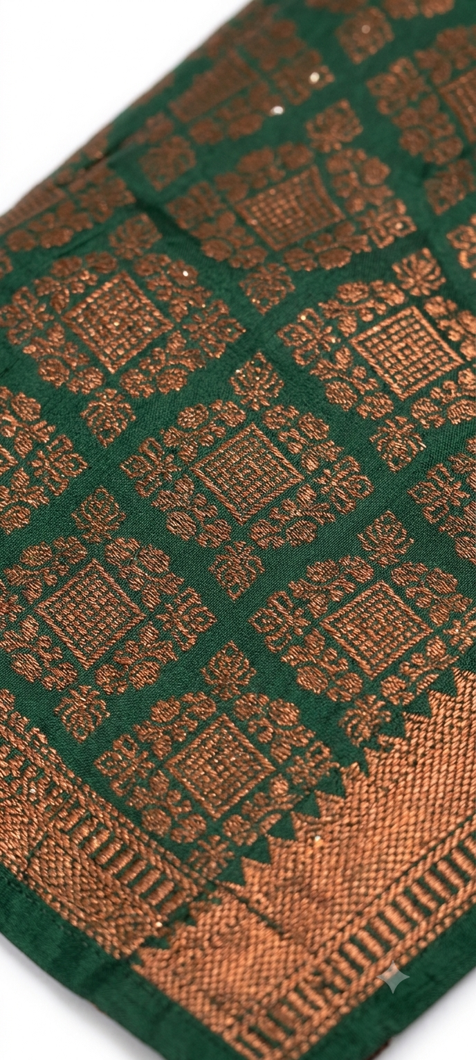 South Indian Traditional Green & Copper Brocade Lehenga Set.Women's South Indian Traditional Silk Blend Brocade Lehenga Choli Set – Green & Metallic Copper Zari Pleated Skirt with Sleeveless V-Neck Blouse for Festivals, Weddings & Ethnic Wear