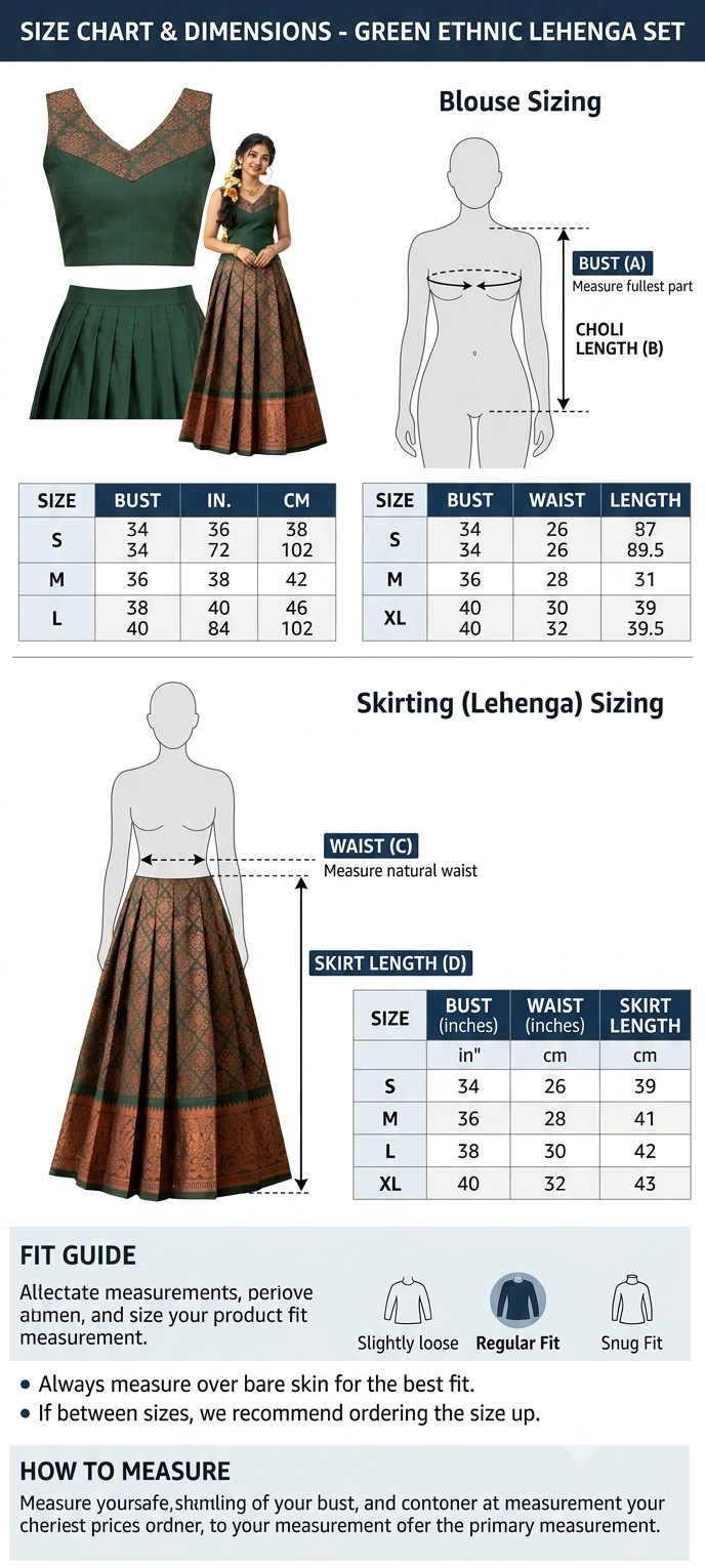 South Indian Traditional Green & Copper Brocade Lehenga Set.Women's South Indian Traditional Silk Blend Brocade Lehenga Choli Set – Green & Metallic Copper Zari Pleated Skirt with Sleeveless V-Neck Blouse for Festivals, Weddings & Ethnic Wear
