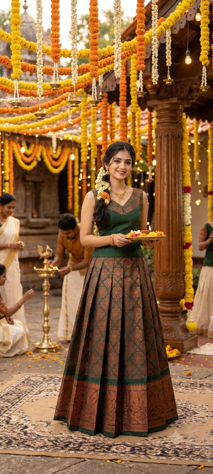 South Indian Traditional Green & Copper Brocade Lehenga Set.Women's South Indian Traditional Silk Blend Brocade Lehenga Choli Set – Green & Metallic Copper Zari Pleated Skirt with Sleeveless V-Neck Blouse for Festivals, Weddings & Ethnic Wear